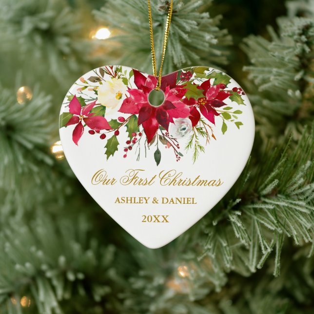 Aquarell Poinsettia Florenz Erstes Weihnachtsfest  Keramik Ornament (Baum)