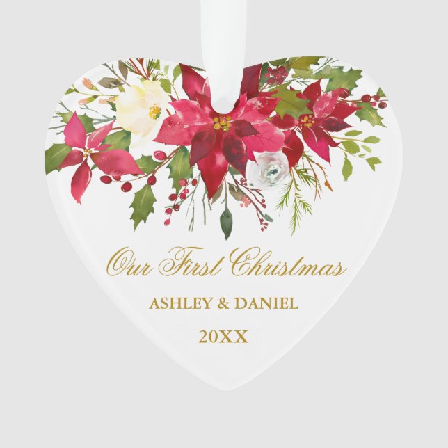 Aquarell Poinsettia Florenz Erstes Weihnachtsfest  Ornament (Vorderseite)