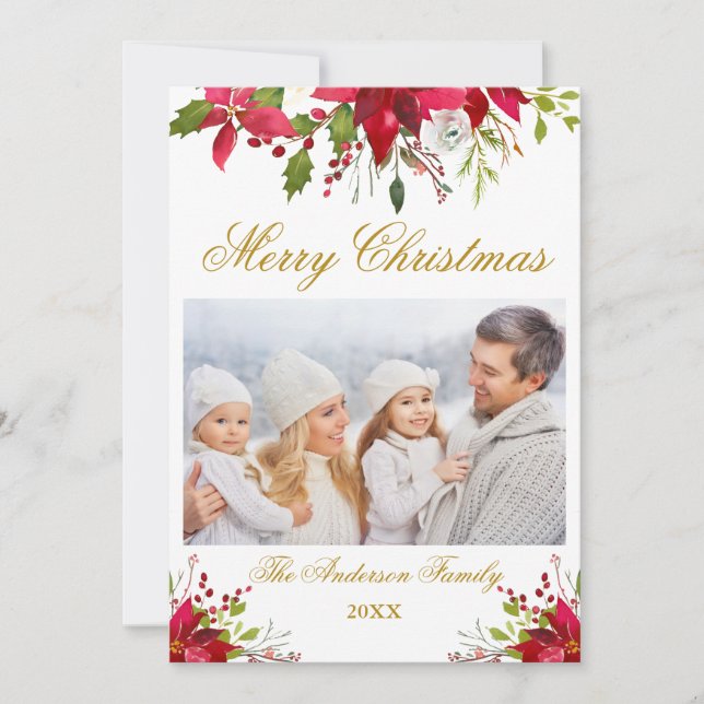 Aquarell Poinsettia Foto Weihnachten Gold (Vorderseite)