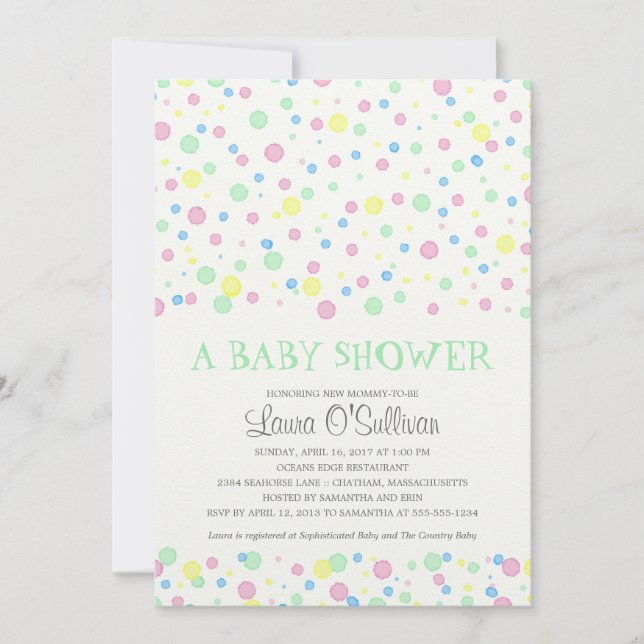 Aquarell Polka Dots Baby Dusche Einladung (Vorderseite)