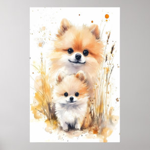 Aquarell-Pomeranian-Mama-und-Baby-Druck, Kinderzim Poster