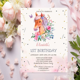 Aquarell-Pony-Blumen-Geburtstag Einladung