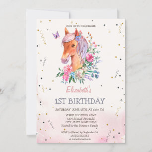 Aquarell-Pony-Blumen-Geburtstag Einladung
