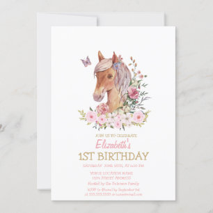 Aquarell-Pony-Blumen-Gestreifter Geburtstag Einladung