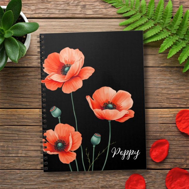Aquarell Poppy Blume Art Name Floral Notebook Notizblock (A pretty poppy notebook with space for your name)