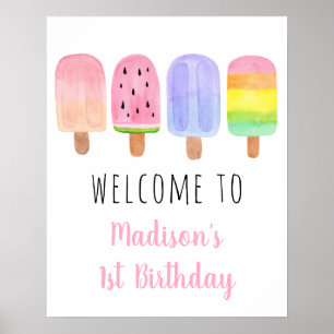 Aquarell Popsim Pink Girl Geburtstag Willkommen Poster