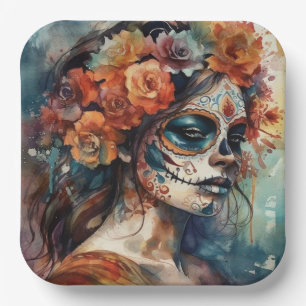 Aquarell-Porträt der Catrina zum Día de los Muerto Pappteller