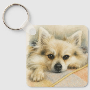 Aquarell-Porträt eines Pomeranian-Chihuahua-Hundes Schlüsselanhänger