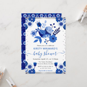 Aquarell Porzellan Blumen Vogel Babyparty Einladung