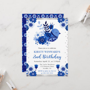 Aquarell-Porzellan-Blumen-Vogel-Geburtstag Einladung