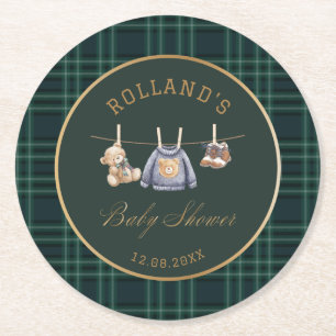 Aquarell-preppy-karierter Teddybär-Baby-Party Runder Pappuntersetzer