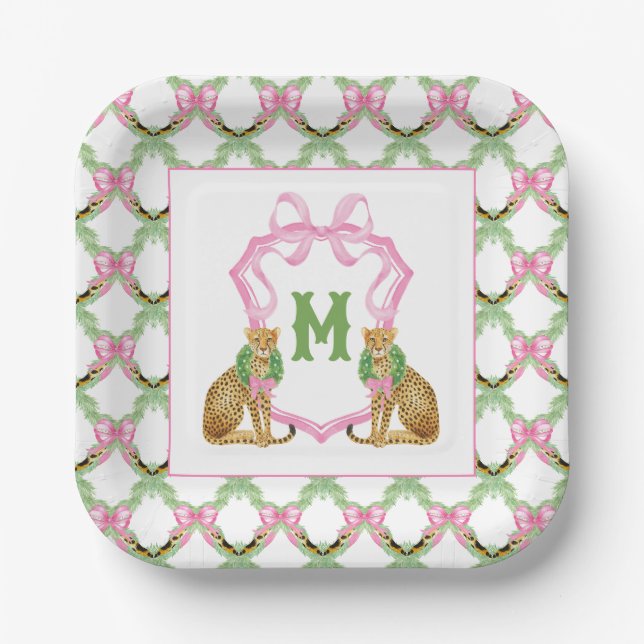 Aquarell-Preppy-Leopard-Monogrammwappen Pappteller (Vorderseite)