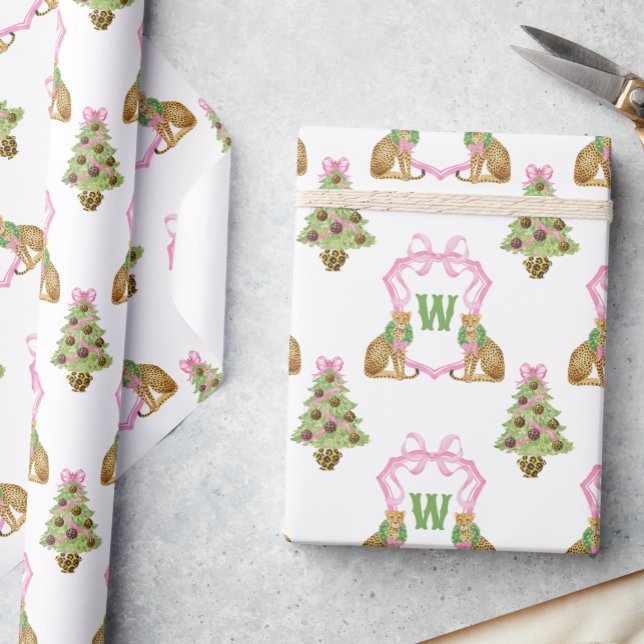 Aquarell-Preppy-Leopard-Weihnachts-Monogramm-Wappe Geschenkpapier (Von Creator hochgeladen)
