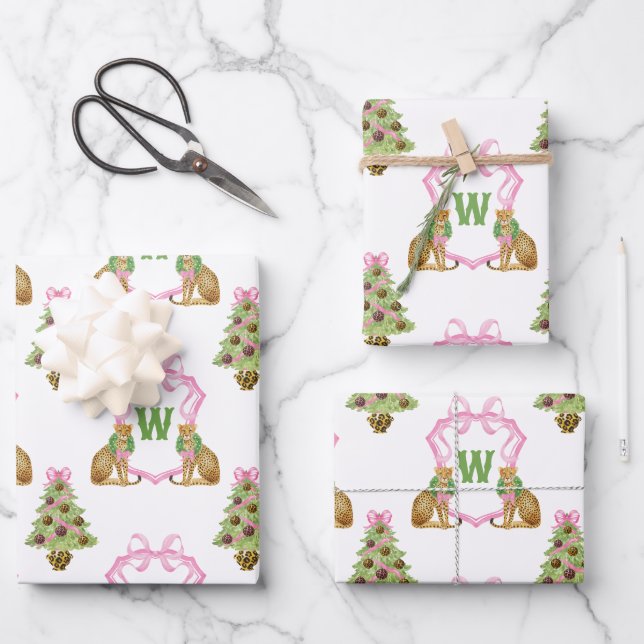 Aquarell-Preppy-Leopard-Weihnachts-Monogramm-Wappe Geschenkpapier Set (Vorderseite)