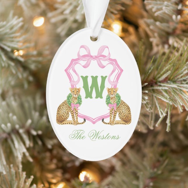 Aquarell-Preppy-Leopard-Weihnachts-Monogramm-Wappe Ornament (Baum)