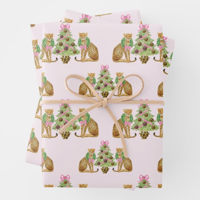 Aquarell-Preppy-Leopard-Weihnachtsbaum Geschenkpapier Set (Beispiel)