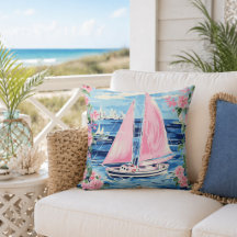 Aquarell Preppy Pink Sailboat Küste Blau