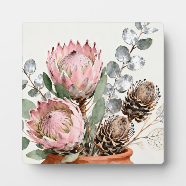 Aquarell-Protea-Eukalyptus-Arrangement Fotoplatte (Vorderseite)
