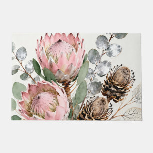 Aquarell-Protea-Eukalyptus-Arrangement Fußmatte