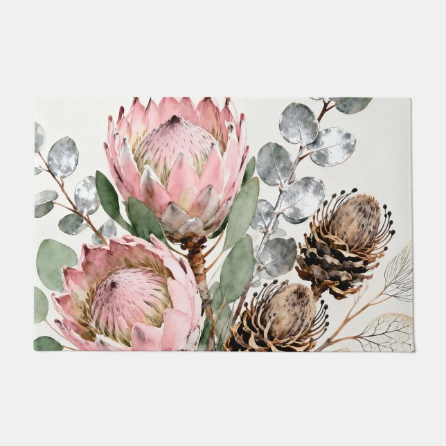 Aquarell-Protea-Eukalyptus-Arrangement Fußmatte (Vorderseite)