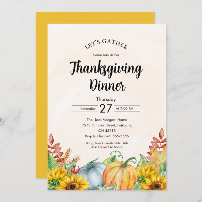 Aquarell Pumpkin Sonnenblumen Erntedank Abendessen Einladung (Vorne/Hinten)