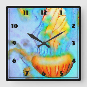 Aquarell-Quallen-Wanduhr Quadratische Wanduhr