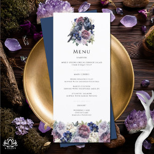 Aquarell-Raben-Gotische-Lila-Floral-Hochzeit Menükarte
