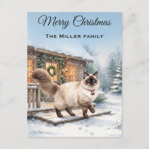 Aquarell-Ragdoll-Katze Winterhütte Weihnachten