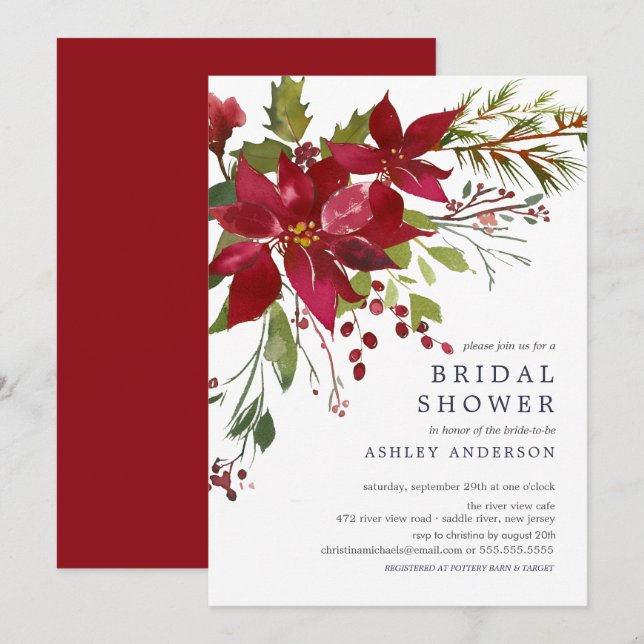 Aquarell Red Poinsettia Holly Brautparty Einladung (Vorne/Hinten)