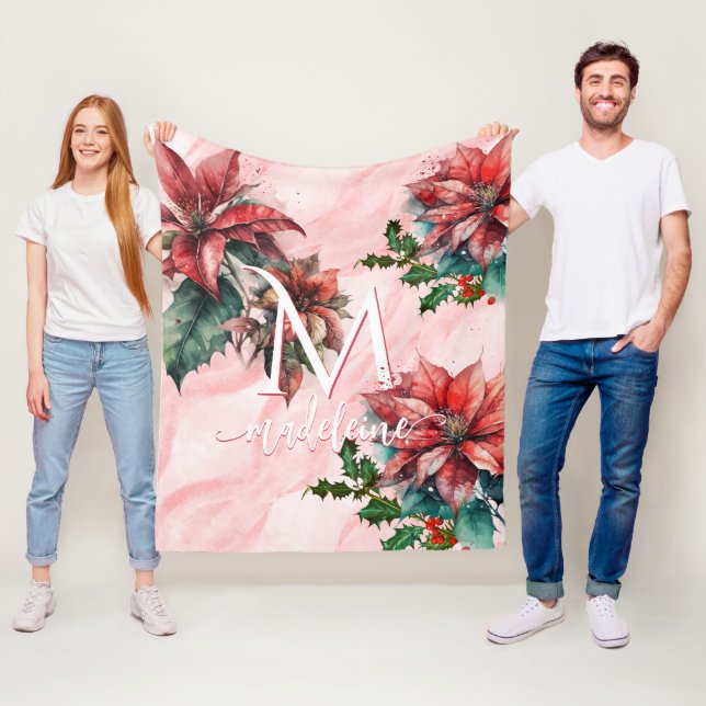 Aquarell Red Poinsettia Mistletoname Weihnachten Fleecedecke (Beispiel)