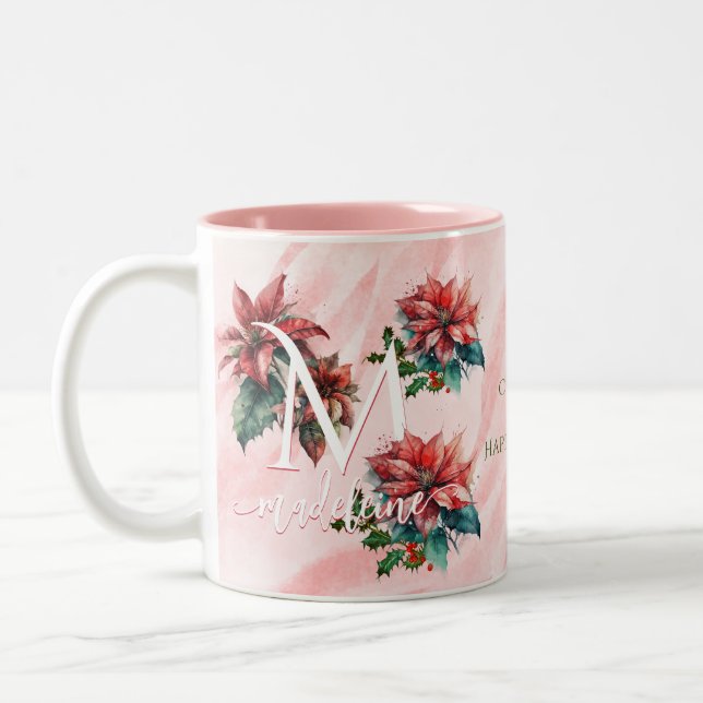 Aquarell Red Poinsettia Mistletoname Weihnachten Zweifarbige Tasse (Links)