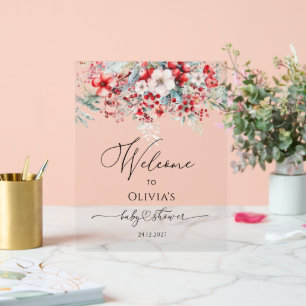 Aquarell Red Winter Floral Baby Dusche Willkommen Acrylschild