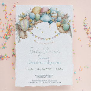 Aquarell-Regenbogen-Heißluftballon-Baby-Shower Einladung