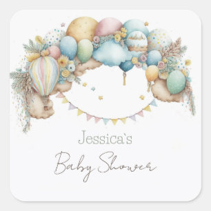 Aquarell-Regenbogen-Heißluftballon-Baby-Shower Quadratischer Aufkleber