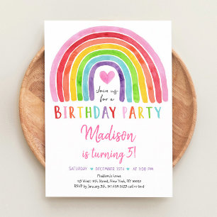 Aquarell-Regenbogen-Herz-Mädchen-Erster-Geburtstag Einladung
