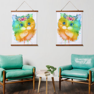 Aquarell-Regenbogen-Katzen-Blumen-Duo Wandteppich Mit Holzrahmen