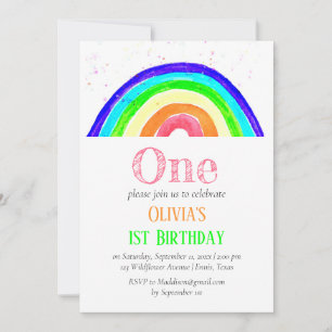 Aquarell Regenbogen Mädchen Erstes Geburtstag Gebu Einladung