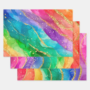 Aquarell-Regenbogen und Gold-Glitter-Alkohol-Tinte Geschenkpapier Set