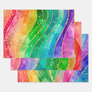 Aquarell-Regenbogen und Gold-Glitter-Alkohol-Tinte Geschenkpapier Set