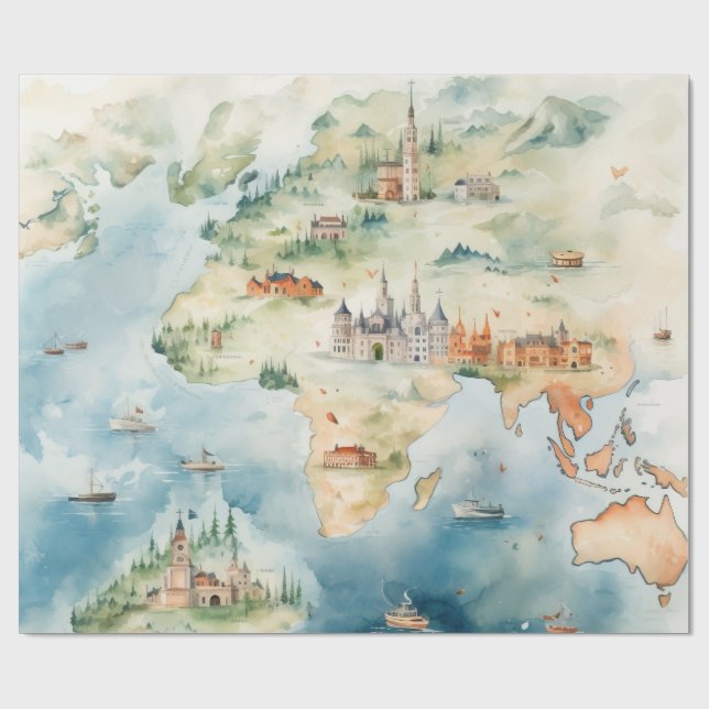 Aquarell-Reisekarte Geschenkpapier (Flach)