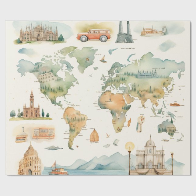 Aquarell-Reisekarte Geschenkpapier (Flach)