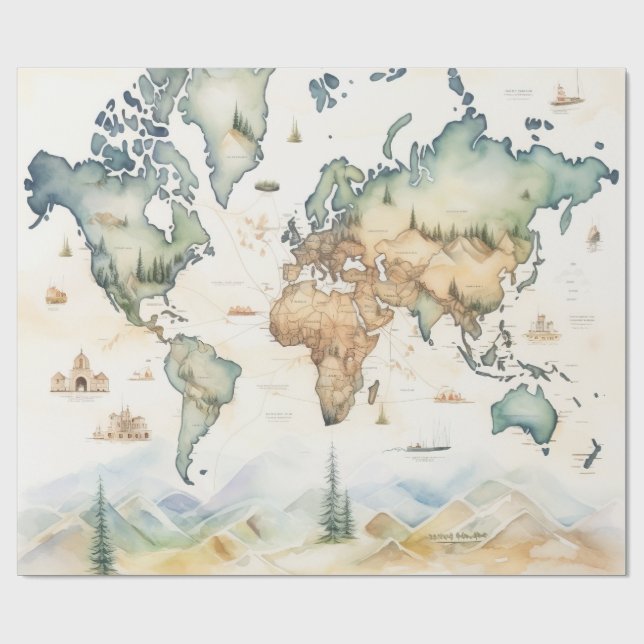 Aquarell-Reisekarte Geschenkpapier (Flach)