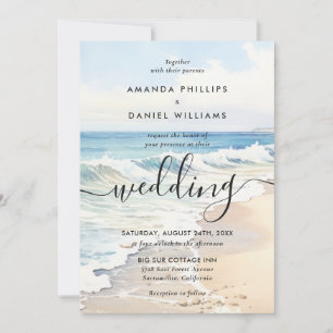 Aquarell-Reiseziel Rollende Wellen Strandhochzeit Einladung