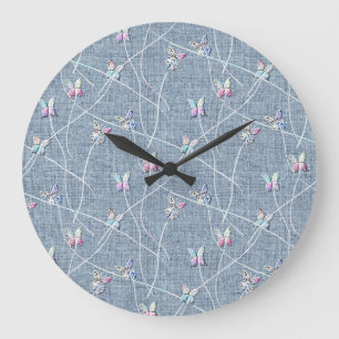 Aquarell-Relief-Schmetterlinge auf Denimblauem Lei Große Wanduhr