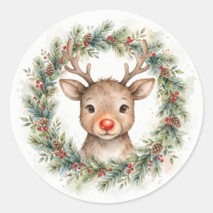 Aquarell-Rentier-Weihnachtskranz-Aufkleber Runder Aufkleber