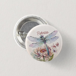 Aquarell Retro Libelle und Pfingstrose Button