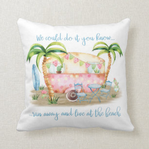 Aquarell-Retro-Wohnwagen-Strandszene Kissen