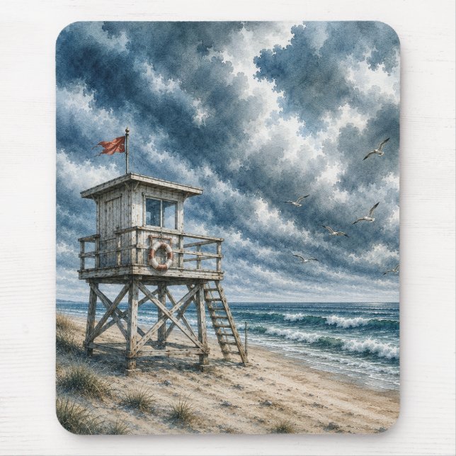 Aquarell-Rettungsturm am Küstenstrand  Mousepad (Vorne)