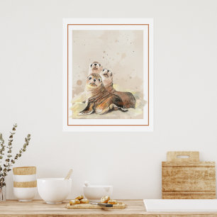 Aquarell Robbenfamilie Meerestiere Natur Kunst Poster