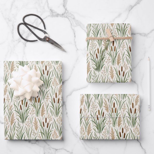 Aquarell Rohrkolben Botanisches Muster Geschenkpapier Set (Vorderseite)